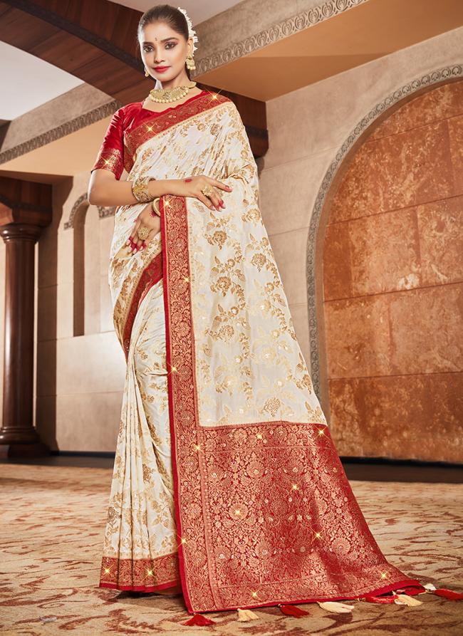 Cream Red Dola Silk Wedding Wear Stone Work Saree