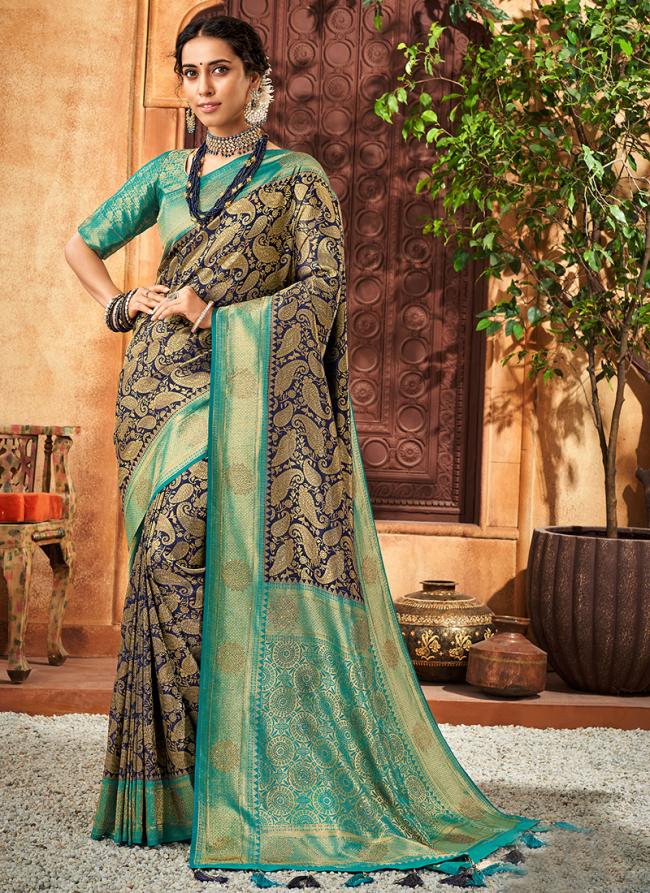 Navy blue Brocade Silk Party Wear Stone Work Saree