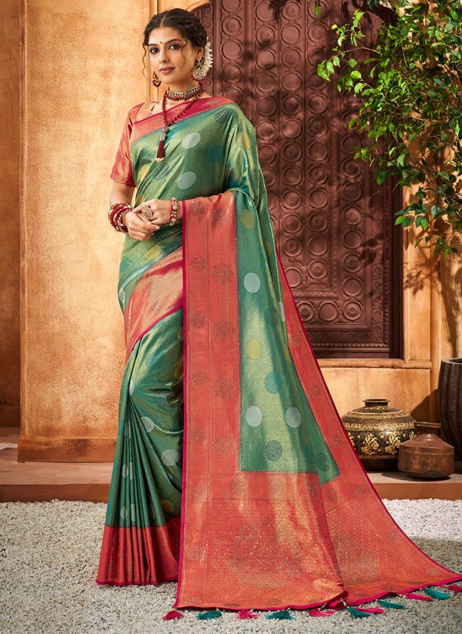 Teal Brocade Silk Party Wear Stone Work Saree