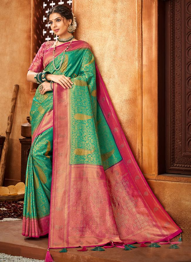 Teal Brocade Silk Party Wear Stone Work Saree