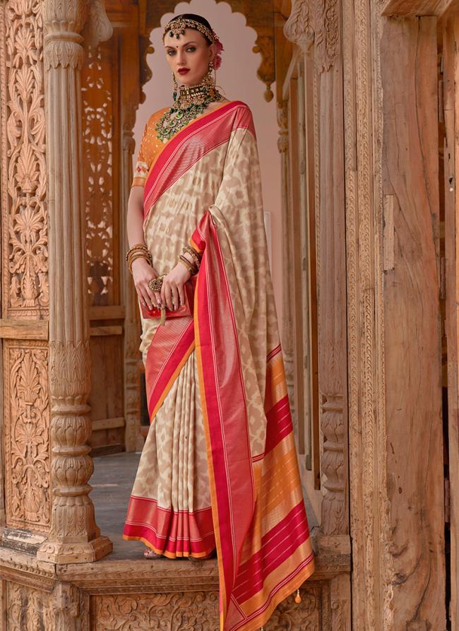 Cream Silk Party Wear Weaving Saree