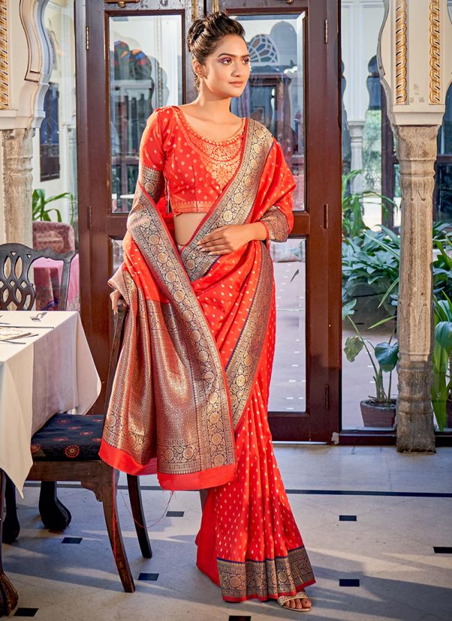 Orange Banarasi Silk Traditional Wear Weaving Saree