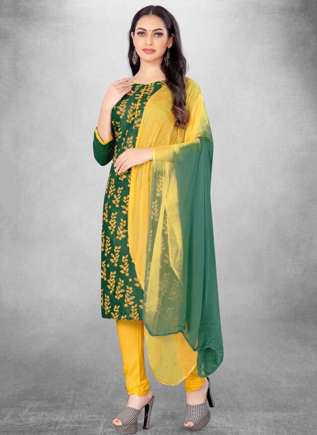 Green Cotton Daily Wear Printed Work Churidar Suit