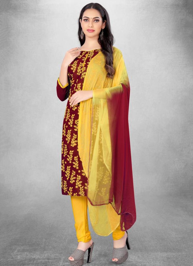 Maroon Cotton Daily Wear Printed Work Churidar Suit