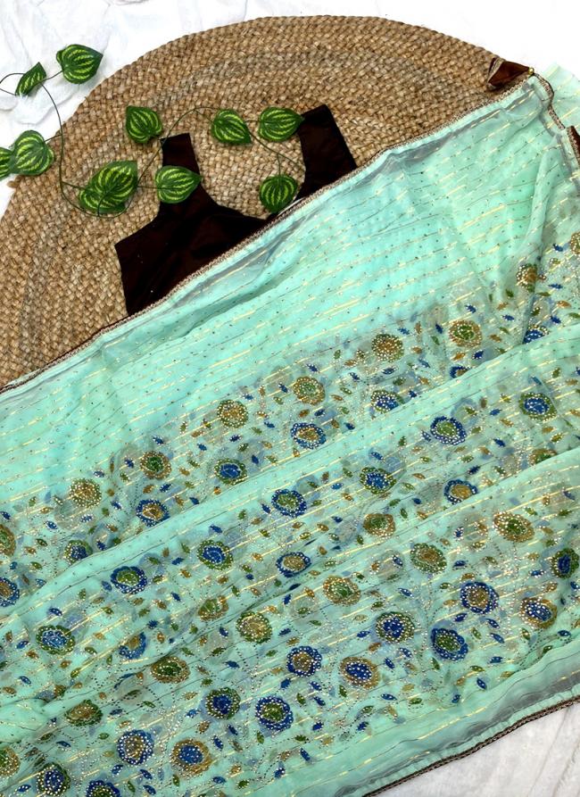 Pista Green Silk Traditional Wear Embroidery Work Saree