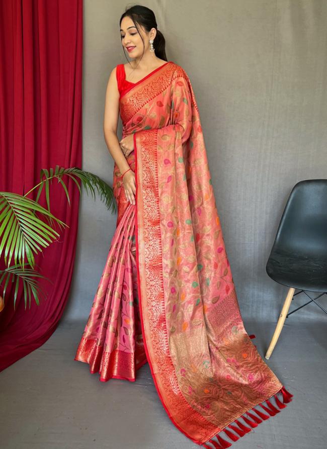 Pink Tissue Silk Festival Wear Jacquard Saree