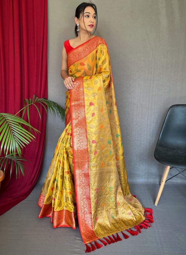 Yellow Tissue Silk Festival Wear Jacquard Saree