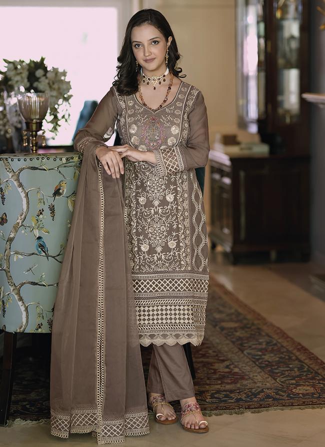 Brown Organza Silk Festival Wear Embroidery Work Readymade Salwar Suit