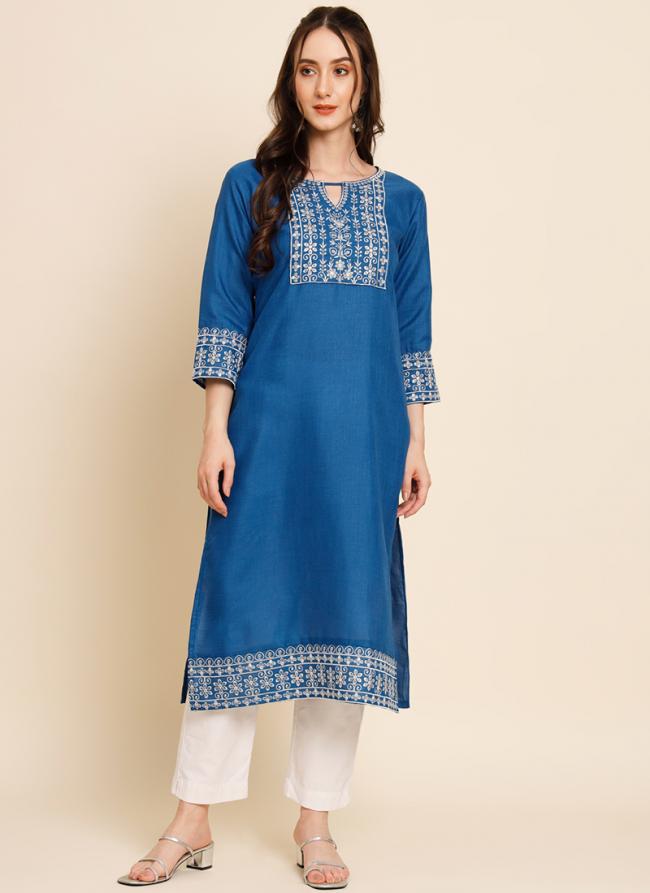 Blue Cotton Regular Wear Lucknowi Work Kurti