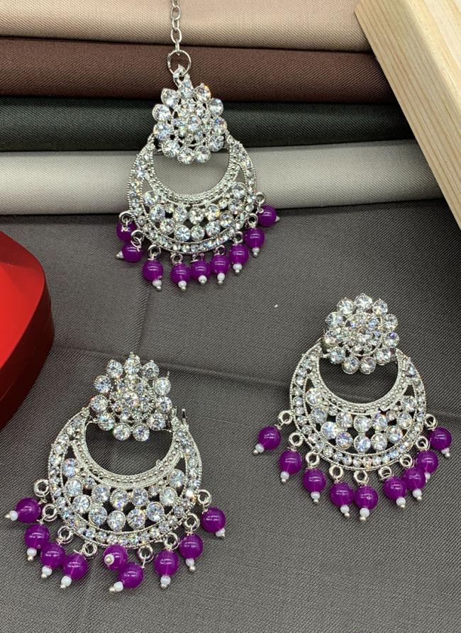 Purple Chandbali Design Earrings With Maang Tikka