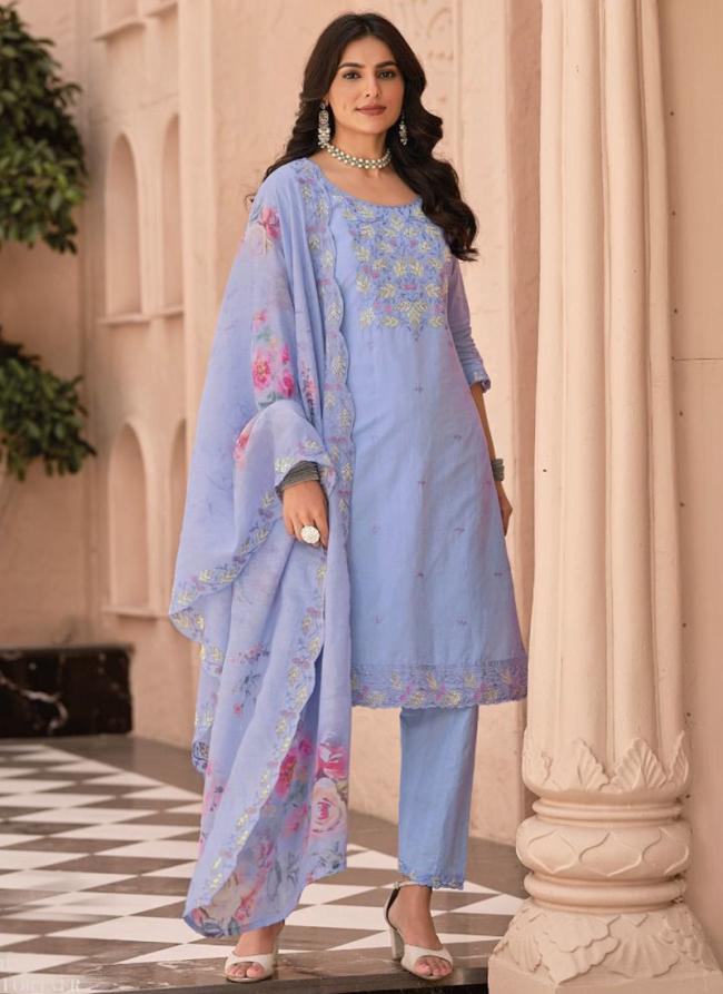 Blue Pure Cotton Traditional Wear Embroidery Work Readymade Salwar Suit