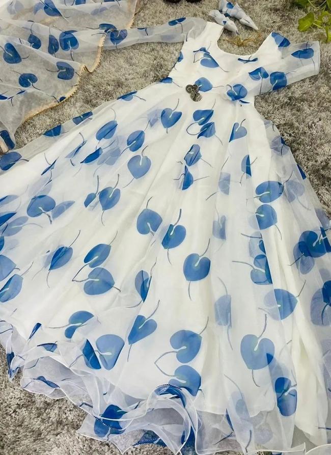 Blue Organza Silk Casual Wear Printed Gown With Dupatta