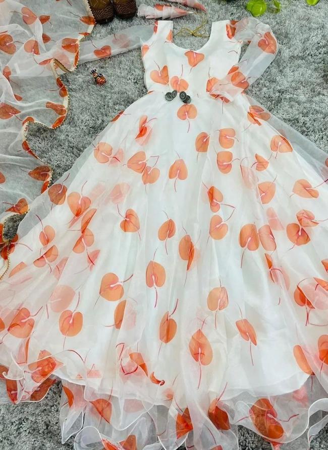 Orange Organza Silk Casual Wear Printed Gown With Dupatta
