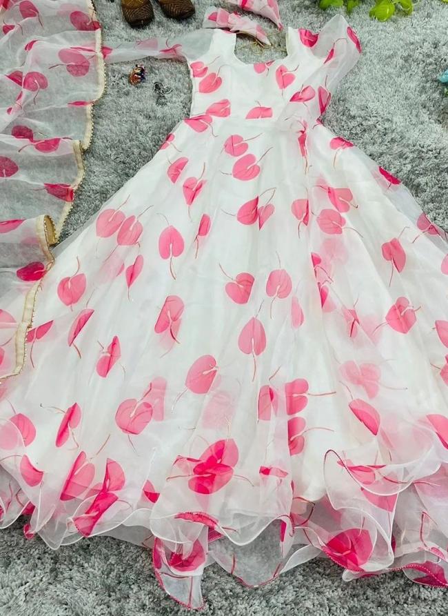 Pink Organza Silk Casual Wear Printed Gown With Dupatta