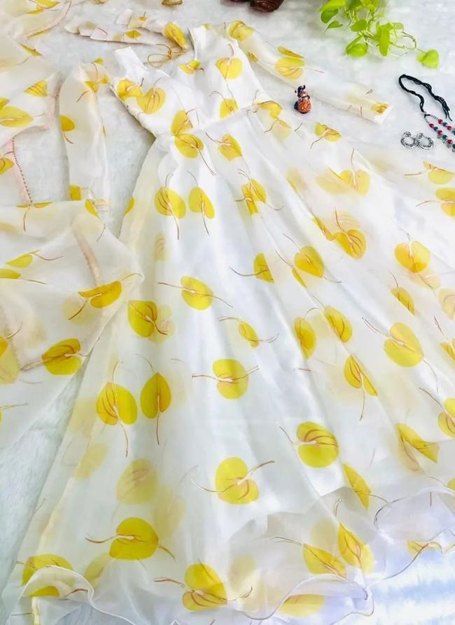 Yellow Organza Silk Casual Wear Printed Gown With Dupatta