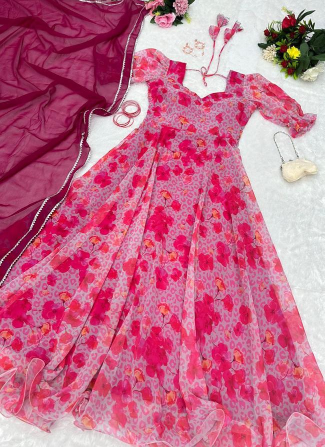 Pink Georgette Festival Wear Printed Gown With Dupatta