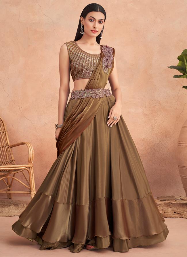 Brown Satin Party Wear Embroidery Work Ready To Wear Saree