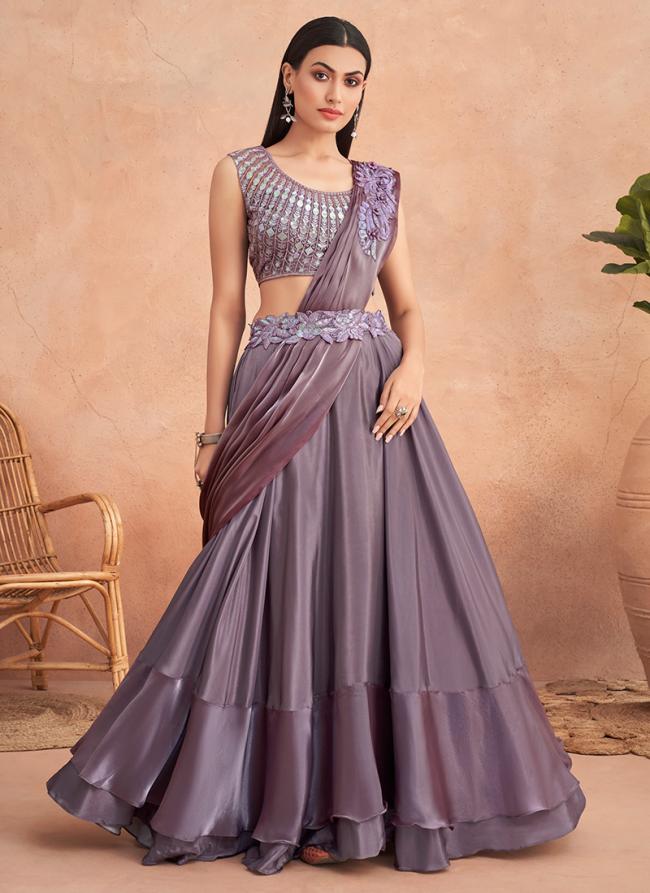 Purple Satin Party Wear Embroidery Work Ready To Wear Saree