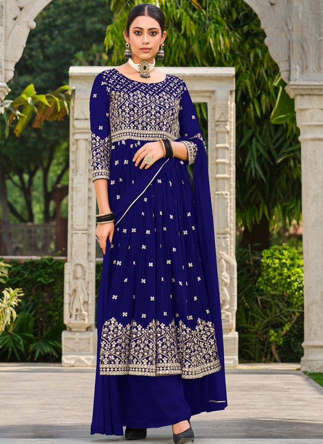 Navy Blue Faux Georgette Traditional Wear Embroidery Work Palazzo Suit