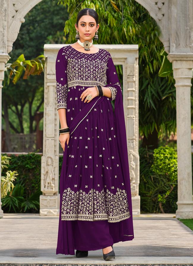 Purple Faux Georgette Traditional Wear Embroidery Work Palazzo Suit