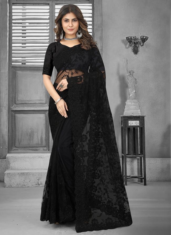 Black Net Wedding Wear Embroidery Work Saree