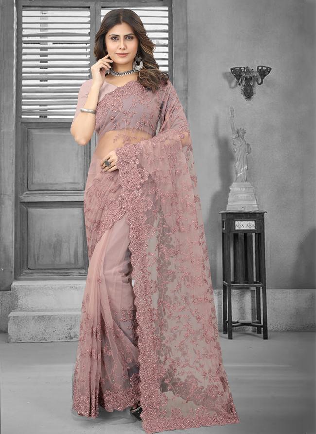 Lavender Net Wedding Wear Embroidery Work Saree