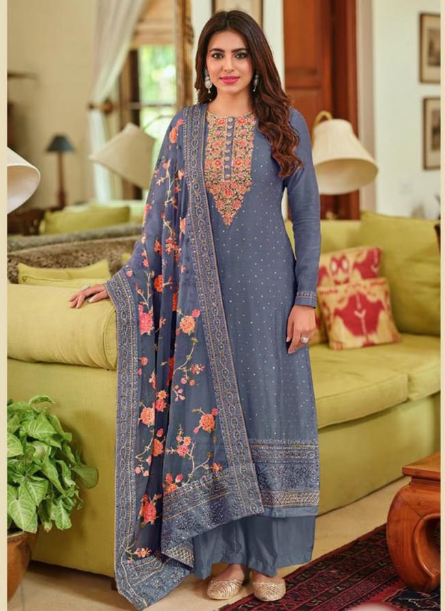 Blue Viscose Silk Traditional Wear Embroidery Work Palazzo Suit