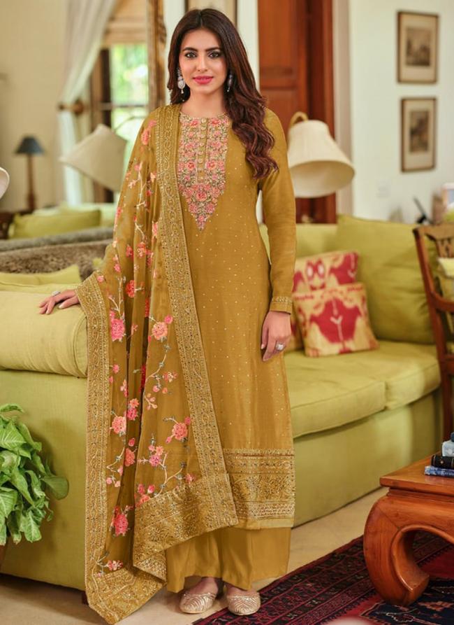 Mustard Viscose Silk Traditional Wear Embroidery Work Palazzo Suit