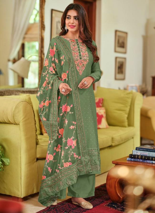 Teal Green Viscose Silk Traditional Wear Embroidery Work Palazzo Suit