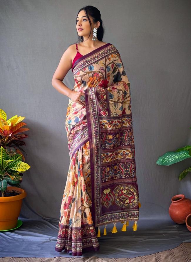Beige Cotton Traditional Wear Kalmakari Printed Saree