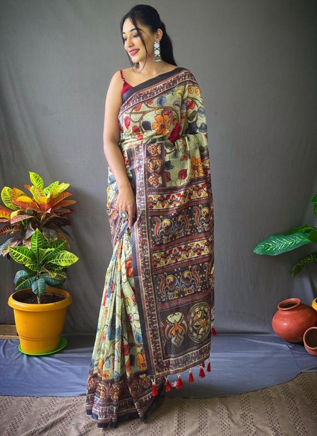 Pista Green Cotton Traditional Wear Kalmakari Printed Saree