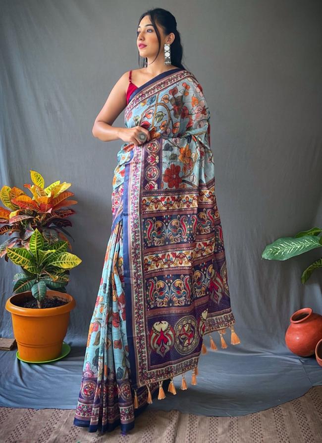 Sky Blue Cotton Traditional Wear Kalmakari Printed Saree