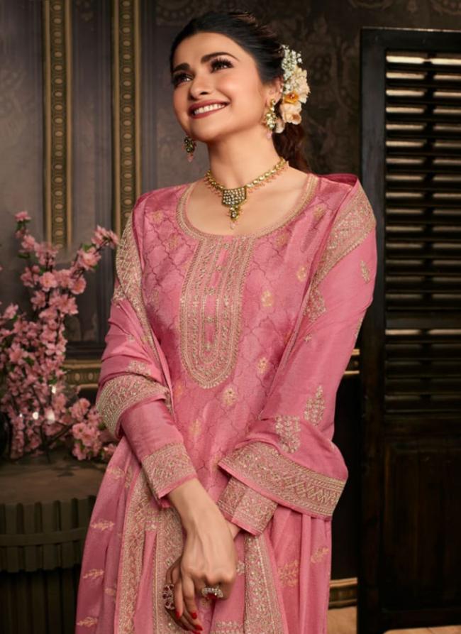 Pink Dola Jacquard Traditional Wear Embroidery Work Palazzo Suit