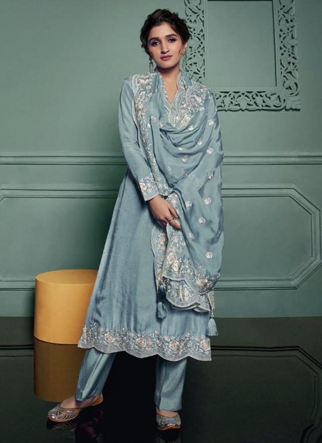 Blue Dola Silk Party Wear Embroidery Work Salwar Suit