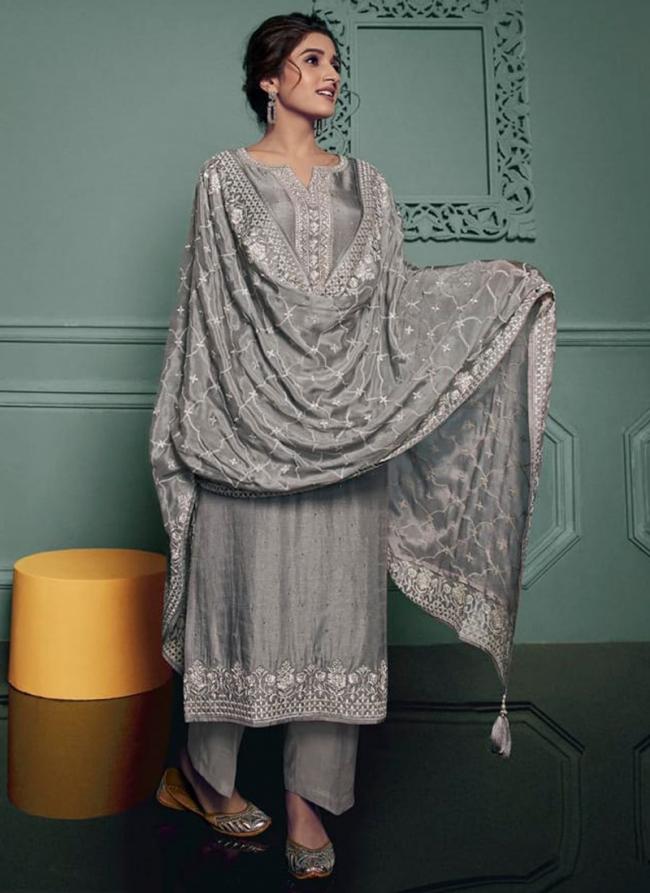 Grey Dola Silk Party Wear Embroidery Work Salwar Suit