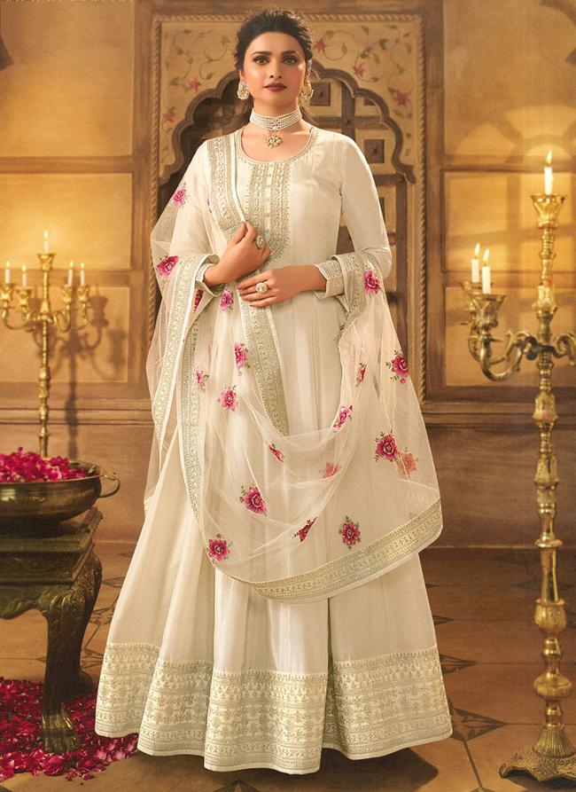 Cream Dola Silk Wedding Wear Embroidery Work Anarkali Suit