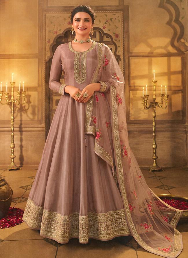 Dusty Pink Dola Silk Wedding Wear Embroidery Work Anarkali Suit