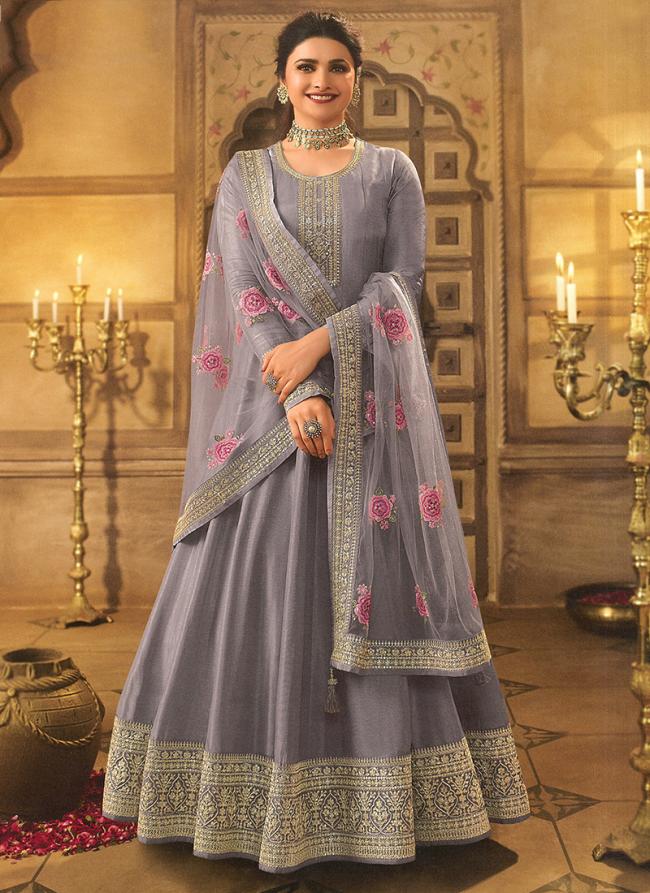 Light Grey Dola Silk Wedding Wear Embroidery Work Anarkali Suit