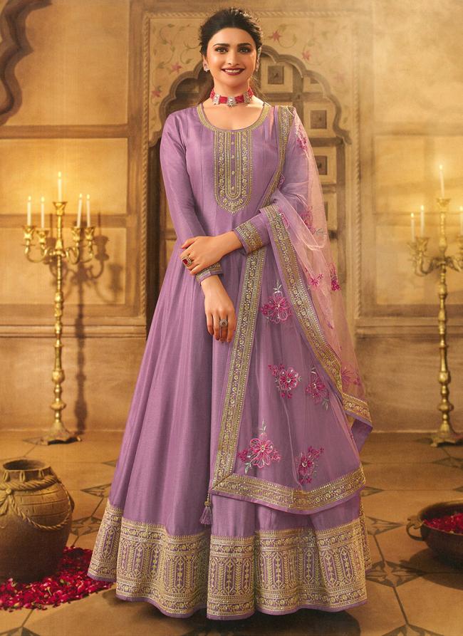 Lilac Dola Silk Wedding Wear Embroidery Work Anarkali Suit