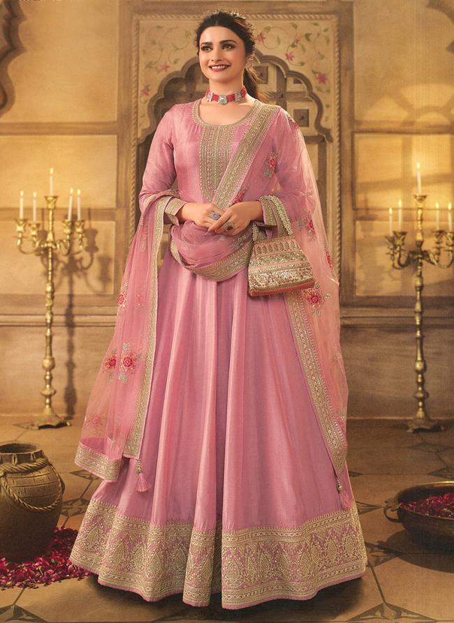 Pink Dola Silk Wedding Wear Embroidery Work Anarkali Suit
