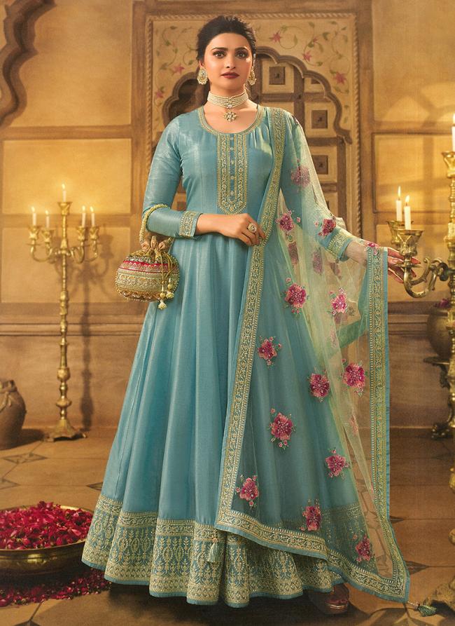 Turquoise Blue Dola Silk Wedding Wear Embroidery Work Anarkali Suit