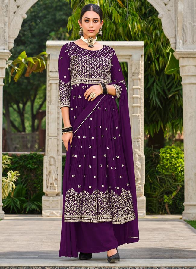Purple Faux Georgette Festival Wear Embroidery Work Palazzo Suit