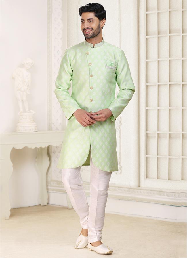 Pista Green Banarasi Jacquard Festival Wear Weaving Indo Western