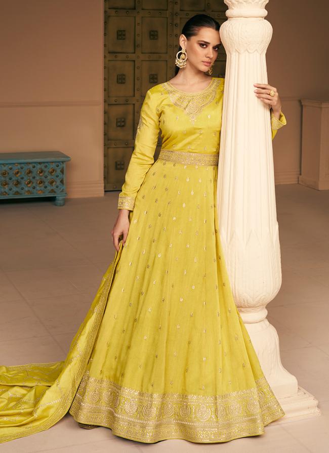Yellow Silk Wedding Wear Embroidery Work Gown With Dupatta