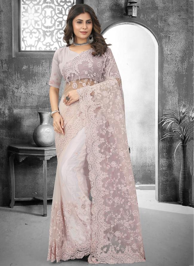 Dusty Peach Net Party Wear Resham Work Saree