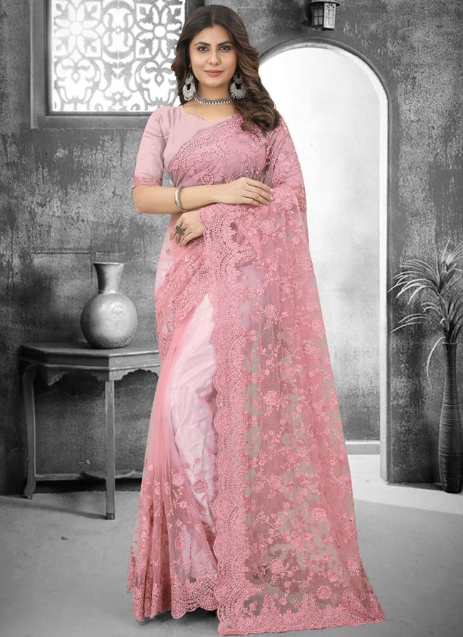 Dusty Pink Net Party Wear Resham Work Saree