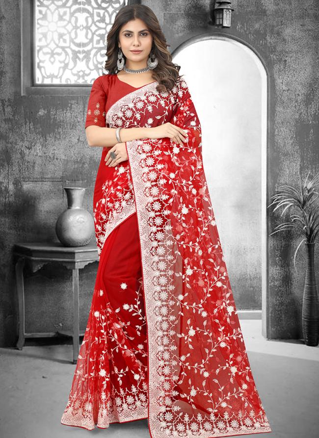 Red Net Party Wear Resham Work Saree