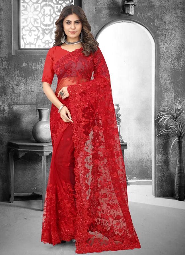 Red Net Party Wear Resham Work Saree