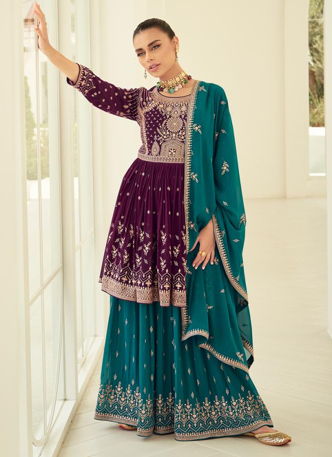 Purple Georgette Wedding Wear Embroidery Work Sharara Suit