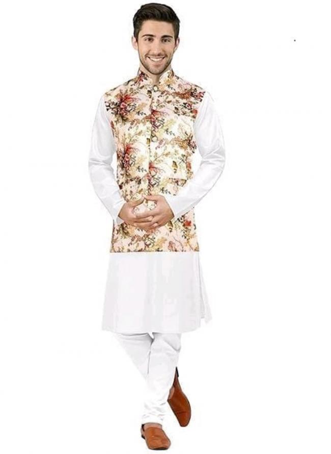 Cream Satin Silk Party Wear Digital Printed Modi Jacket